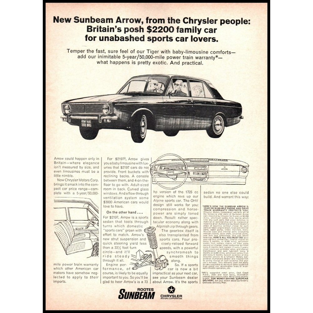 1968 Rootes Sunbeam Arrow Sedan Vintage Print Ad Chrysler Wall Art Photo 8 x11